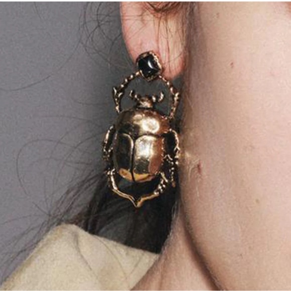 Gold Beatle Insect Earrings - Picture 4 of 14